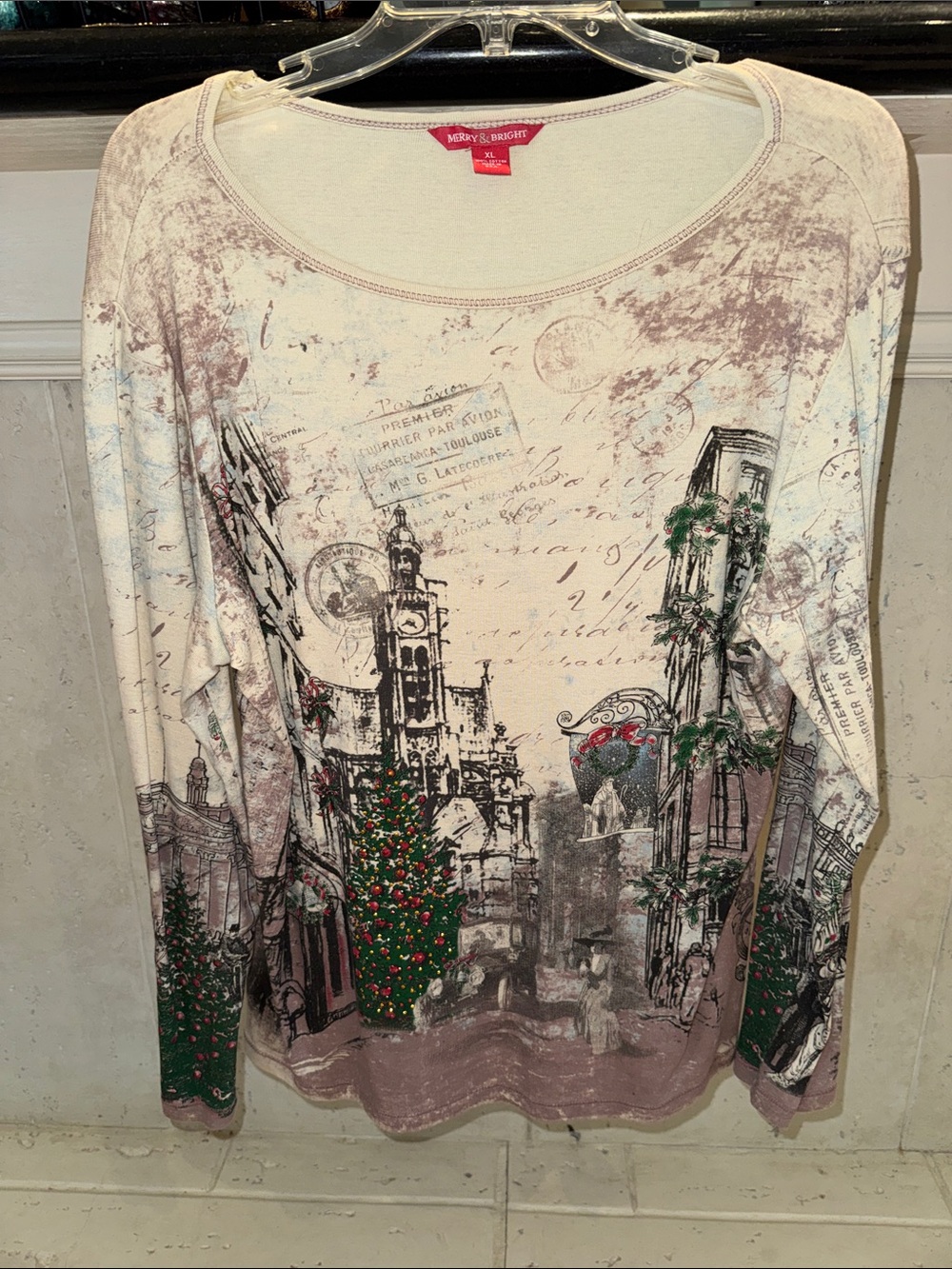Merry & Bright Paris Cityscape Metallic Accent Long Sleeve Top XL
